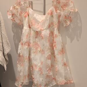Sheer Floral Puff Sleeve Mini Dress - White with Blush Pink